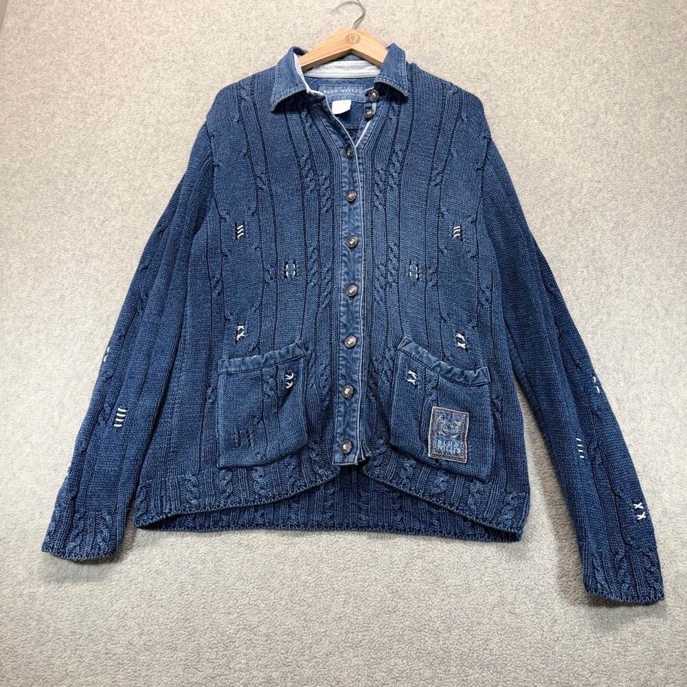 Blue Willi's Womens Denim Look Cardigan Sweater Indigo Cable Knit Button Front S